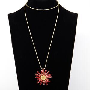 Vintage D'Orlan Red Enamel Flower Pendant Necklace Gold Tone Chain 28" Signed